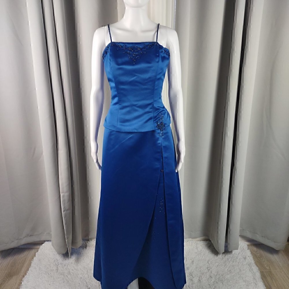 Eden Maids Bridals, Back Zipper, Satin Look, Blue Maxi Formal Dress. Size 6